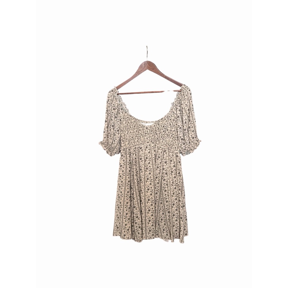 Heyson Floral Dress Size Large Beige Black Boho Puff Sleeve Cottagecore Flowy